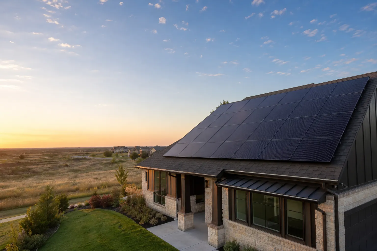 AI-generated demo image of an Oklahoma home with rooftop solar panels