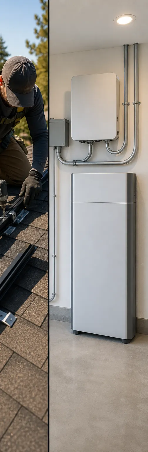 Demo image of an installer securing rooftop solar racking