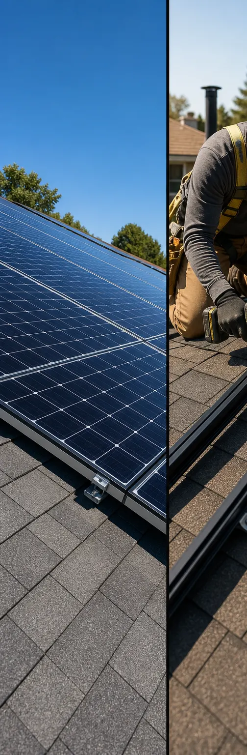 Demo close view of photovoltaic panels on a shingle roof